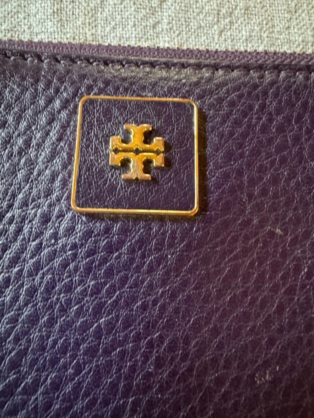 Tory Burch Purple Pebbled Leather Zip-Around Wallet with Gold Logo
